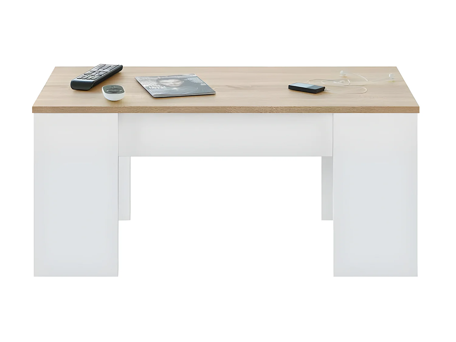 Table basse relevable Blanc/Chêne clair - IRVINE - L 100 x l 50 x H 45/56 cm