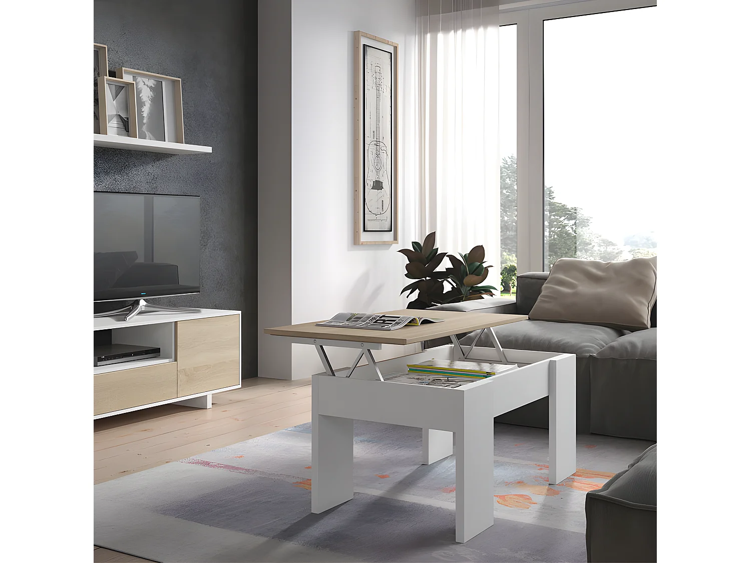 Table basse relevable Blanc/Chêne clair - IRVINE - L 100 x l 50 x H 45/56 cm