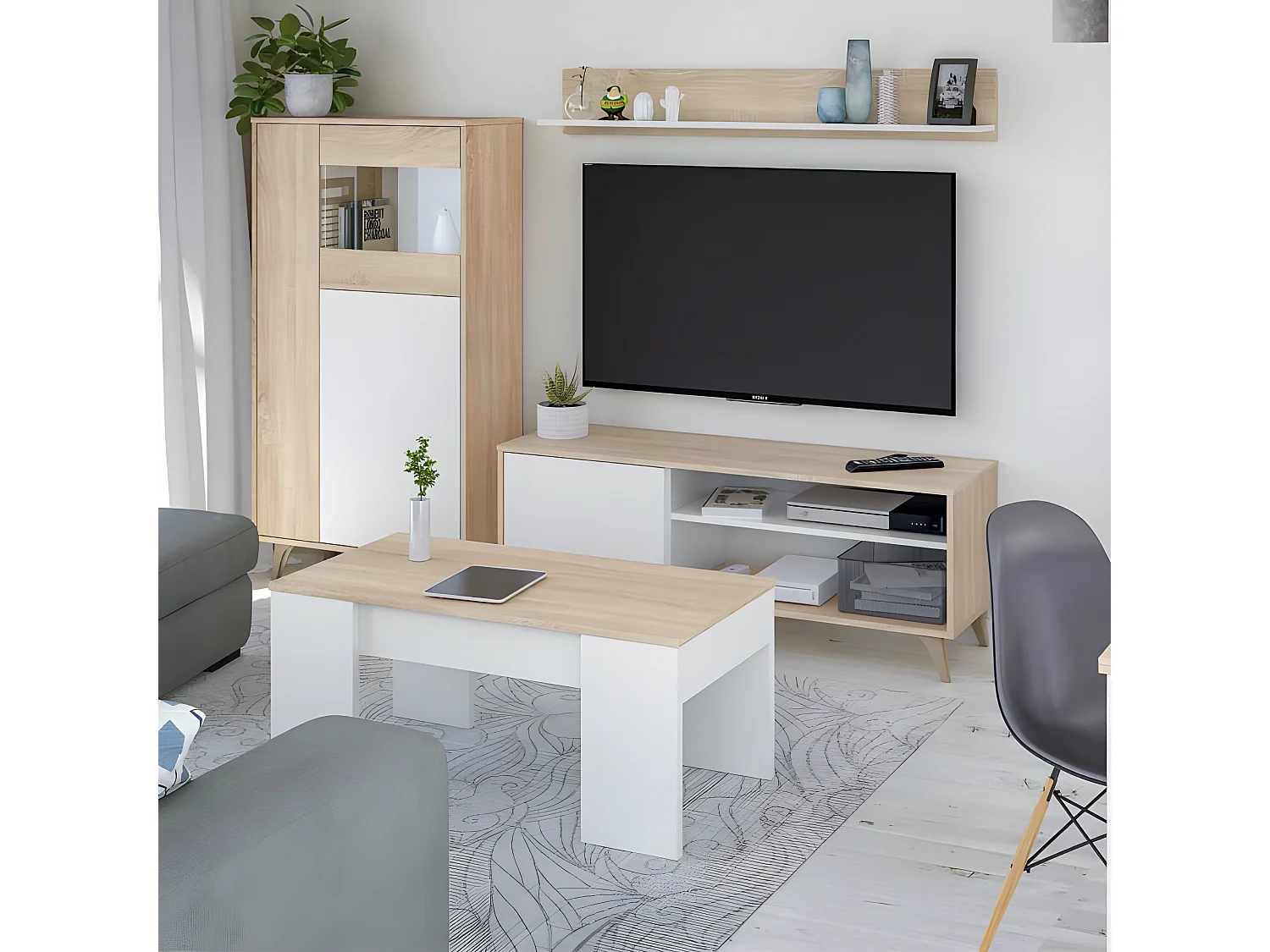 Table basse relevable Blanc/Chêne clair - IRVINE - L 100 x l 50 x H 45/56 cm