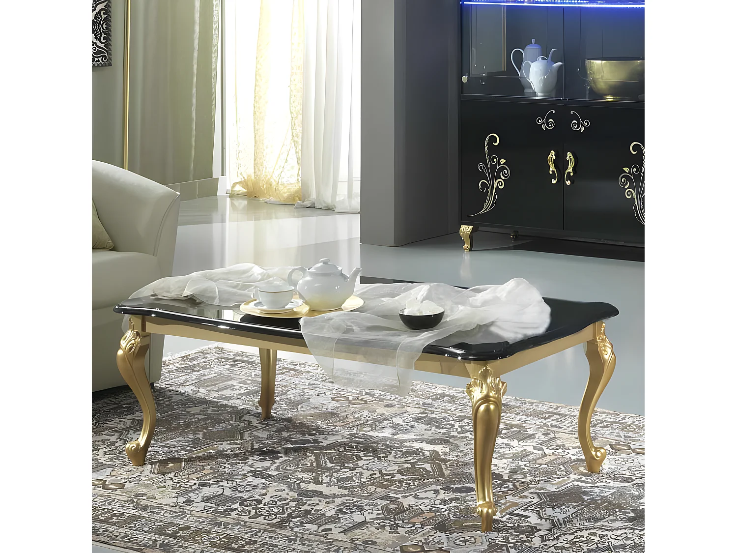 Table basse Laque Noir Brillant / Or - SEBORGA - L 120 x l 68 x H 43 cm