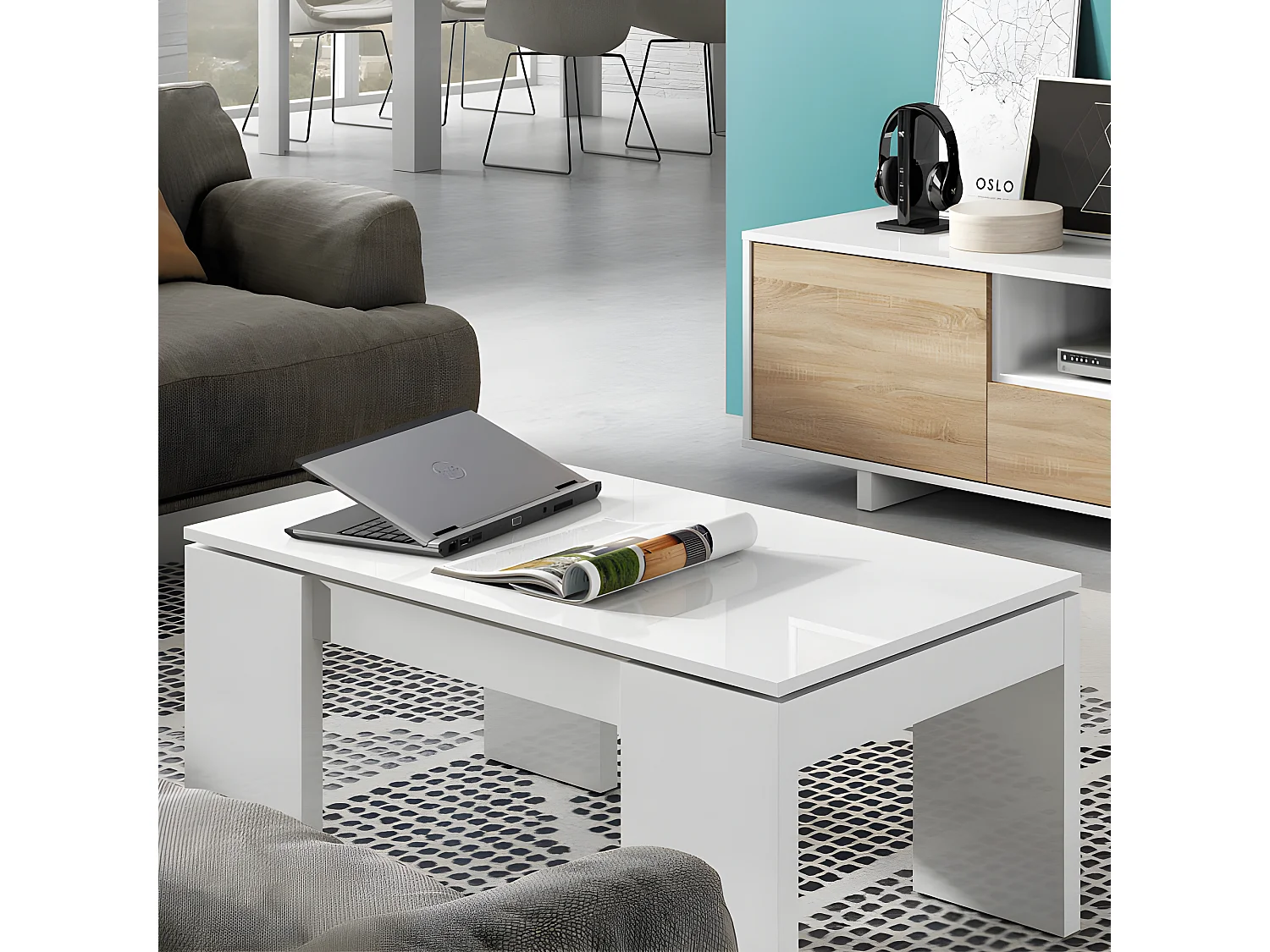 Table basse relevable Blanc brillant - OXNARD - L 100 x l 50 x H 43/54 cm