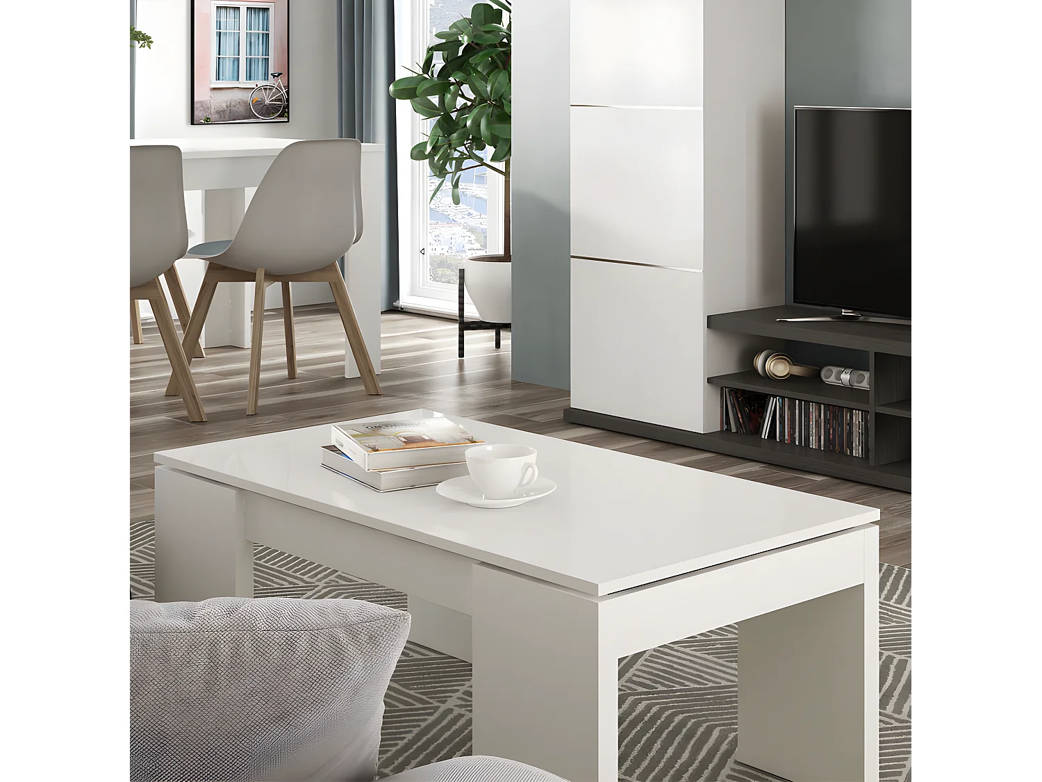 Table basse relevable Blanc brillant - OXNARD - L 100 x l 50 x H 43/54 cm