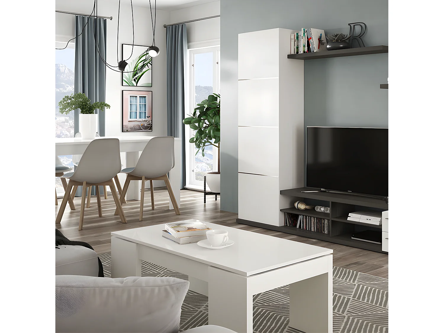 Table basse relevable Blanc brillant - OXNARD - L 100 x l 50 x H 43/54 cm