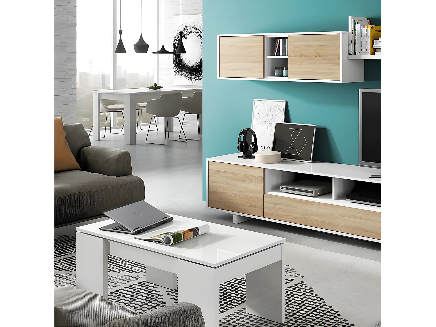 Table basse relevable Blanc brillant - OXNARD - L 100 x l 50 x H 43/54 cm