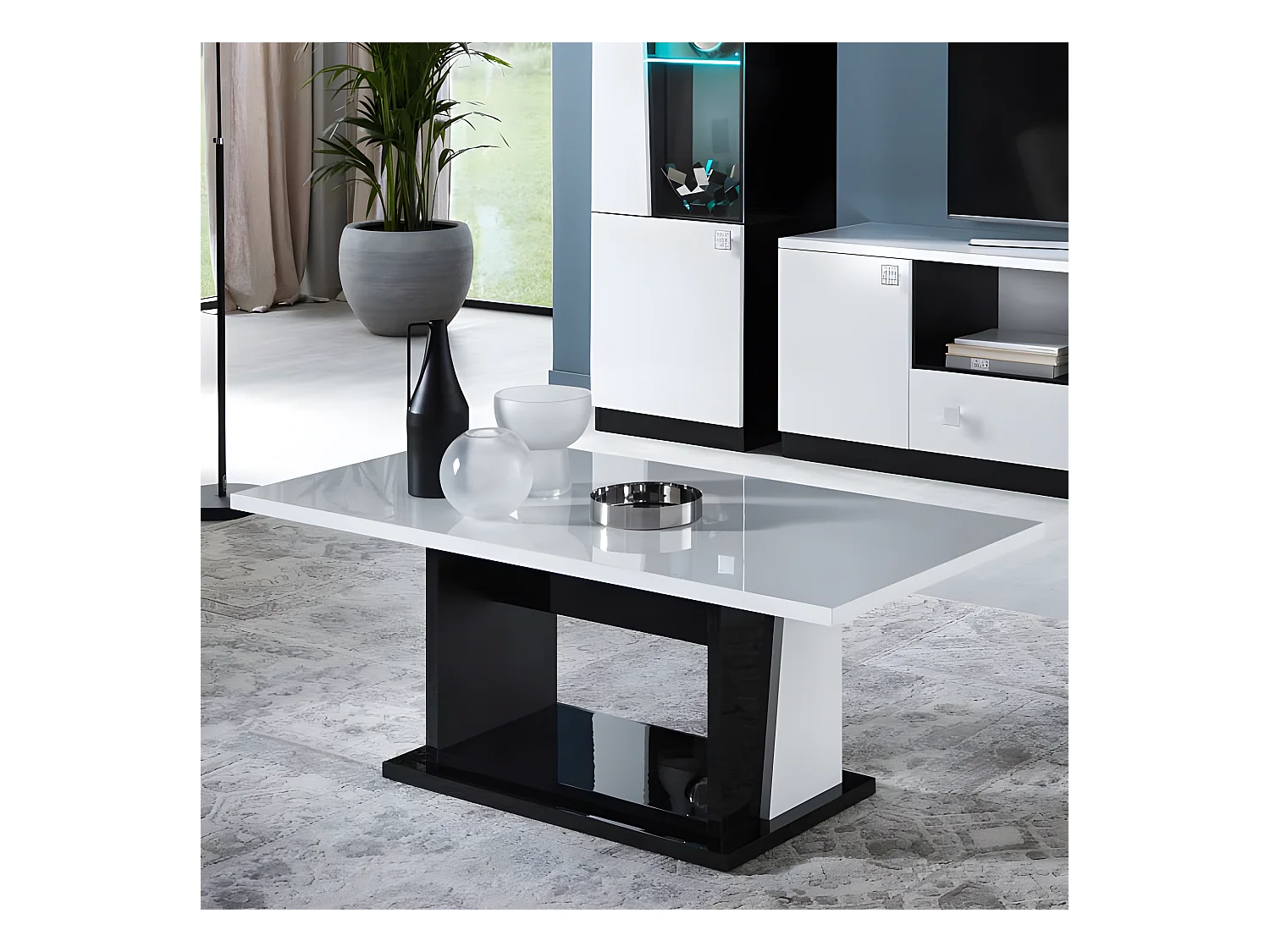 Table basse Laque blanc et noir brillant - LASINA - L 120 x l 60 x H 45 cm