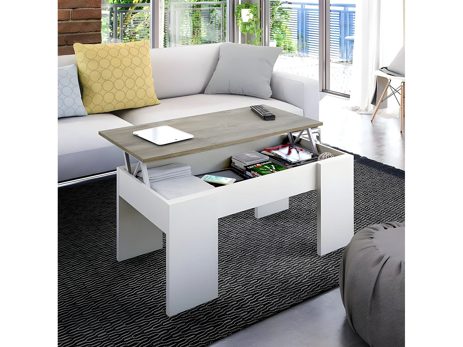 Table basse relevable Blanc/Chêne - ARTICA - L 100 x l 50 x H 45/56 cm