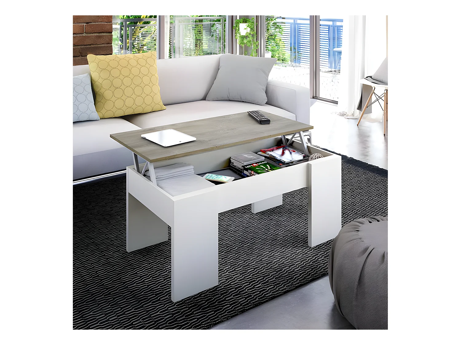 Table basse relevable Blanc/Chêne - ARTICA - L 100 x l 50 x H 45/56 cm