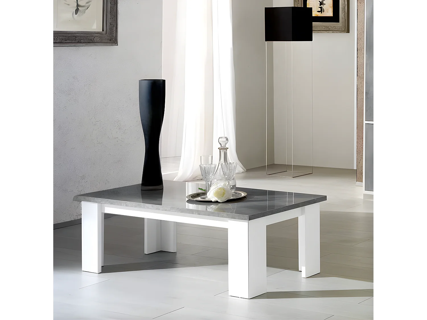 Table basse Laqué Blanc Brillant/Gris - AVELLINO - L 120 x l 60 x H 40 cm