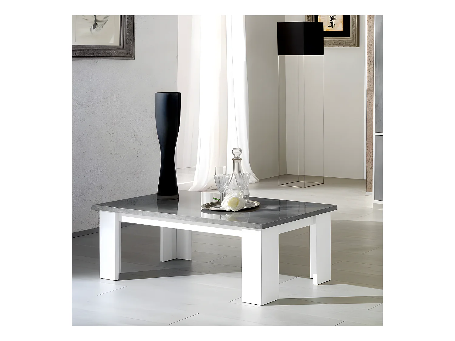 Table basse Laqué Blanc Brillant/Gris - AVELLINO - L 120 x l 60 x H 40 cm