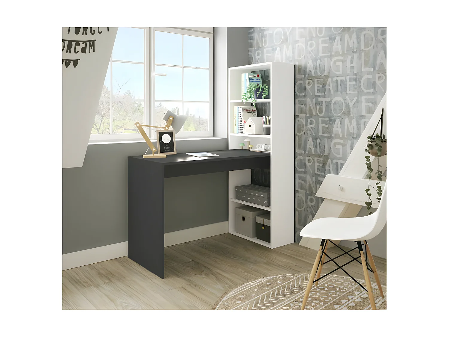 Bureau d'angles + 5 niches Blanc/Gris anthracite - POLUX - L 120 x l 53 x H 144 cm