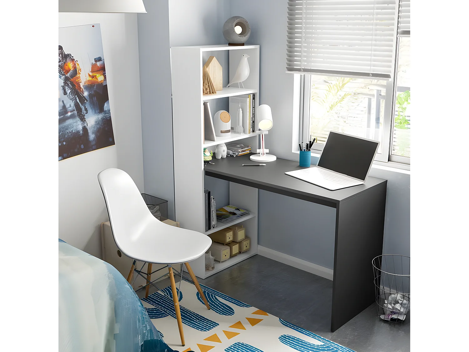 Bureau d'angles + 5 niches Blanc/Gris anthracite - POLUX - L 120 x l 53 x H 144 cm