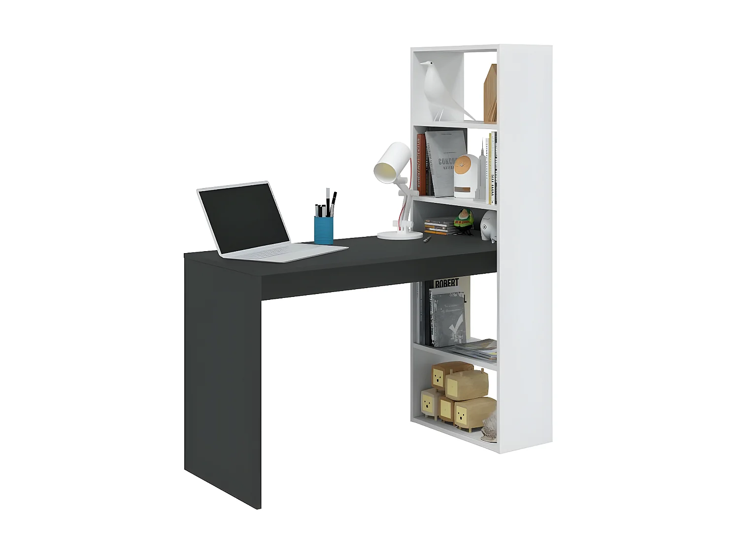 Bureau d'angles + 5 niches Blanc/Gris anthracite - POLUX - L 120 x l 53 x H 144 cm