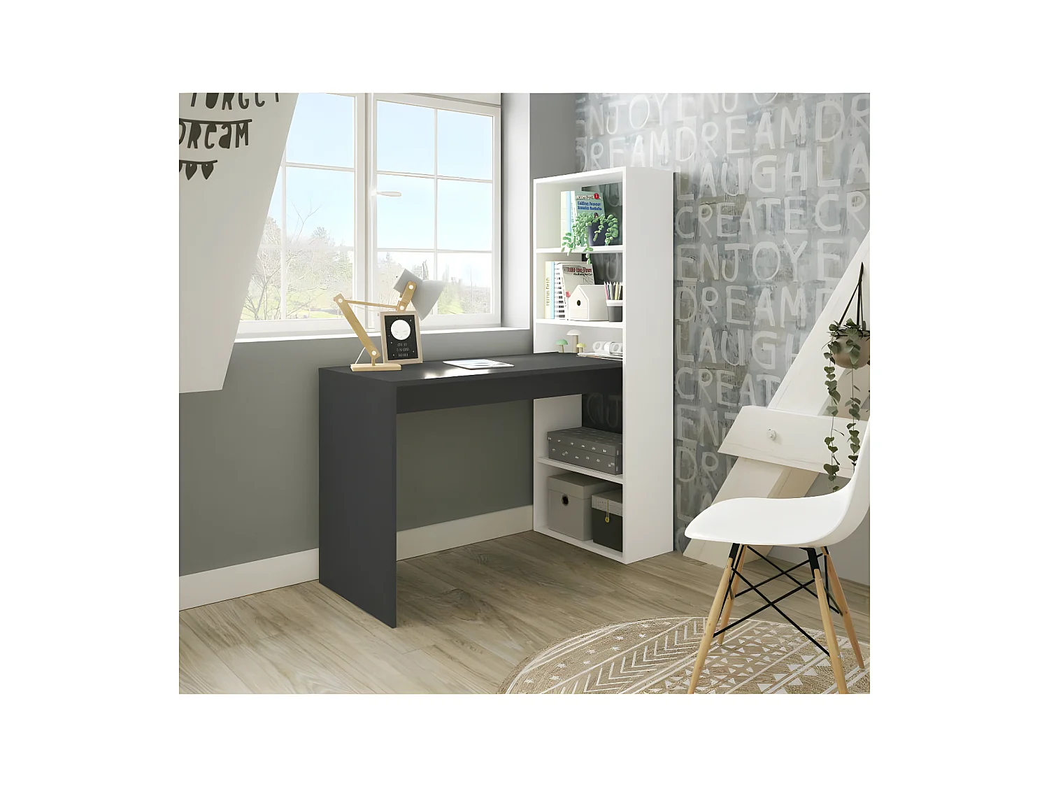 Bureau d'angles + 5 niches Blanc/Gris anthracite - POLUX - L 120 x l 53 x H 144 cm