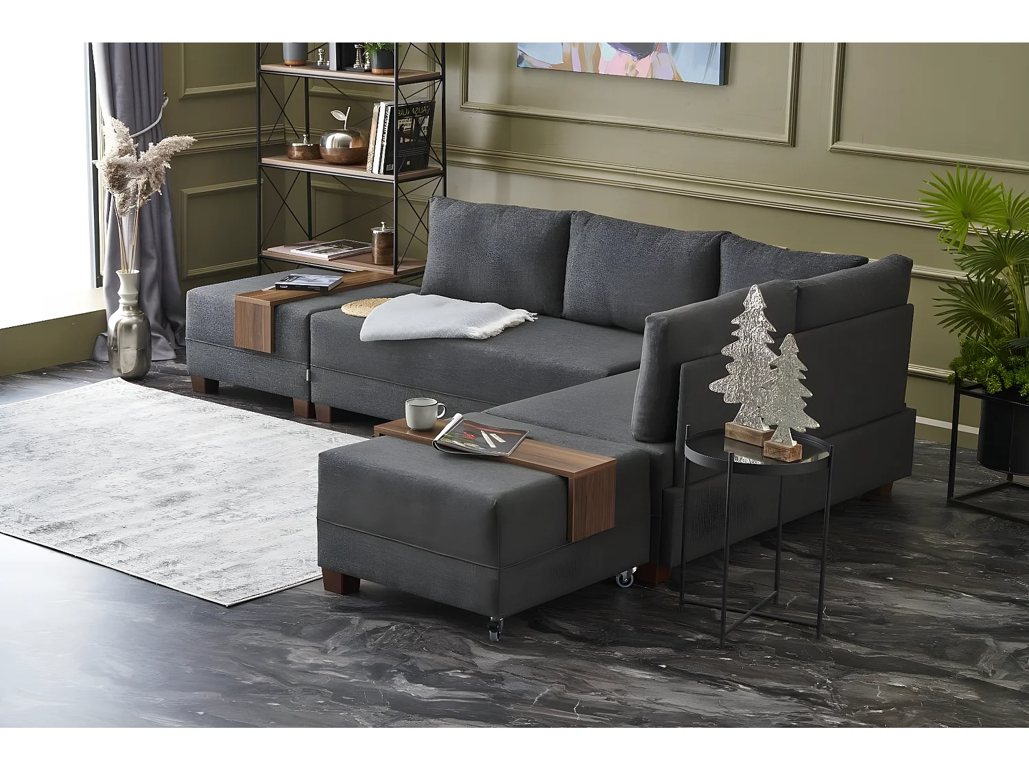 Canapé d'angle à droite modulable Gialos Tissu Anthracite