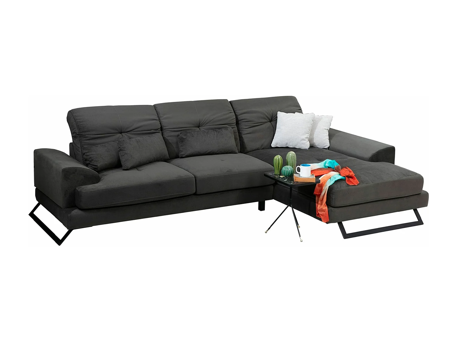 Canapé d'angle à droite avec 5 coussins Cyclades Velours texturé effet simili de vachette Anthracite