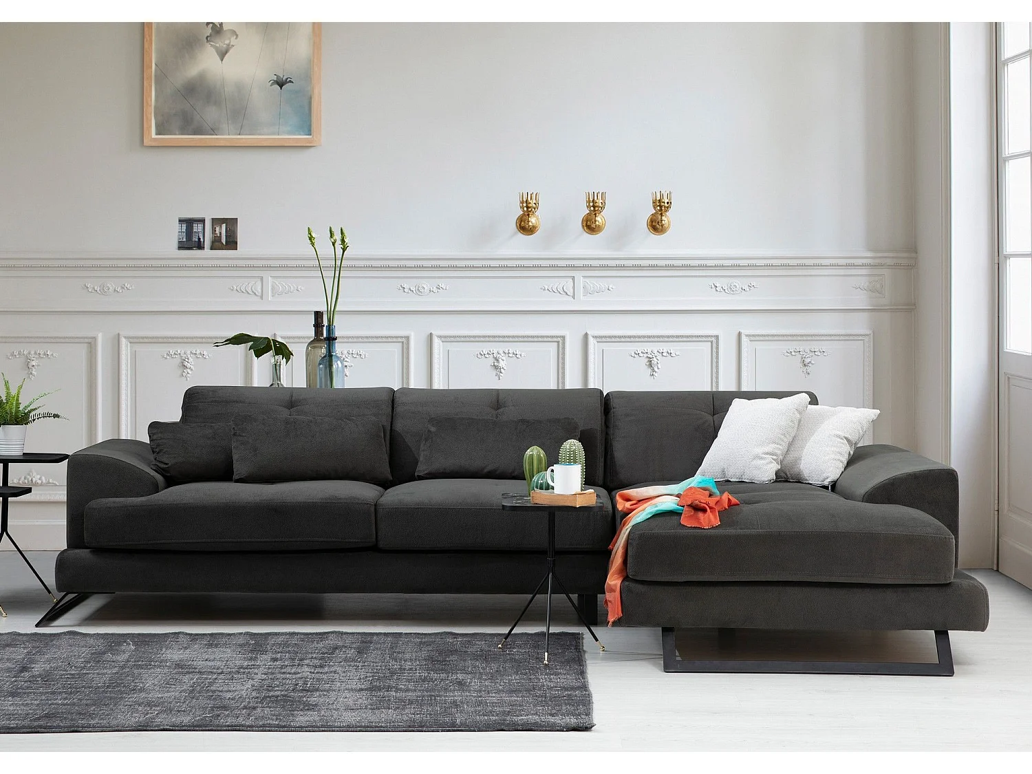 Canapé d'angle à droite avec 5 coussins Cyclades Velours texturé effet simili de vachette Anthracite