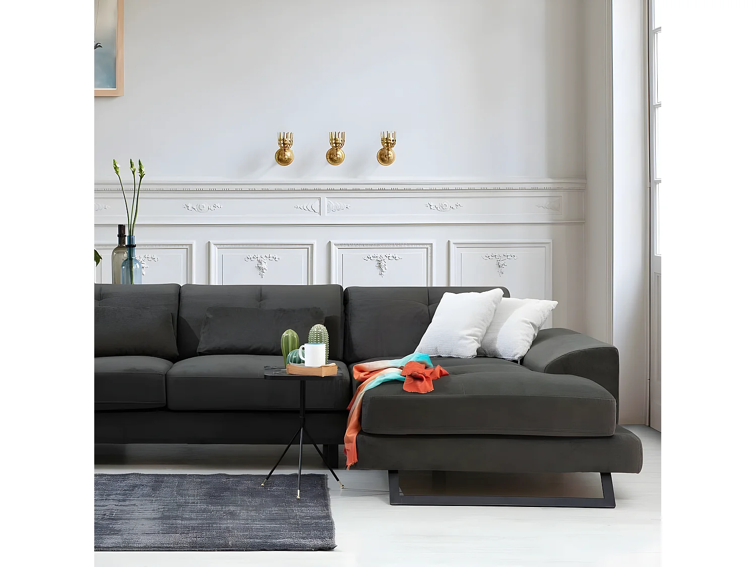 Canapé d'angle à droite avec 5 coussins Cyclades Velours texturé effet simili de vachette Anthracite