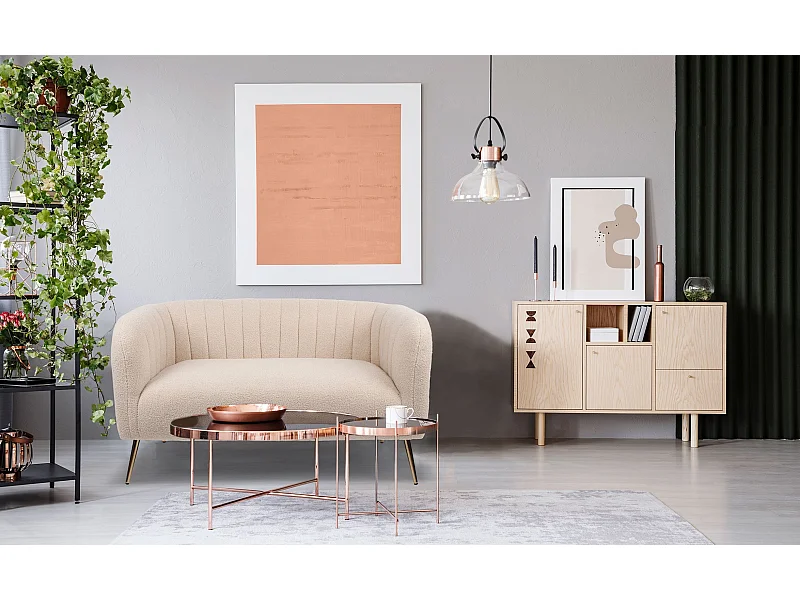 Canapé 2 places moderne Bombaro pieds métal doré et Tissu bouclette Beige