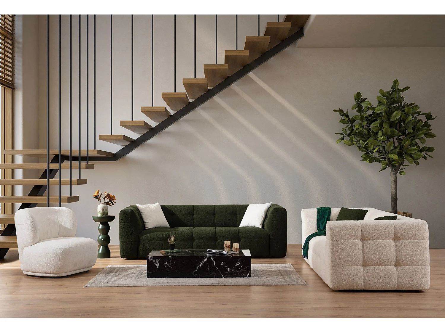 Canapé capitonné 3 places Simur Tissu bouclette Vert