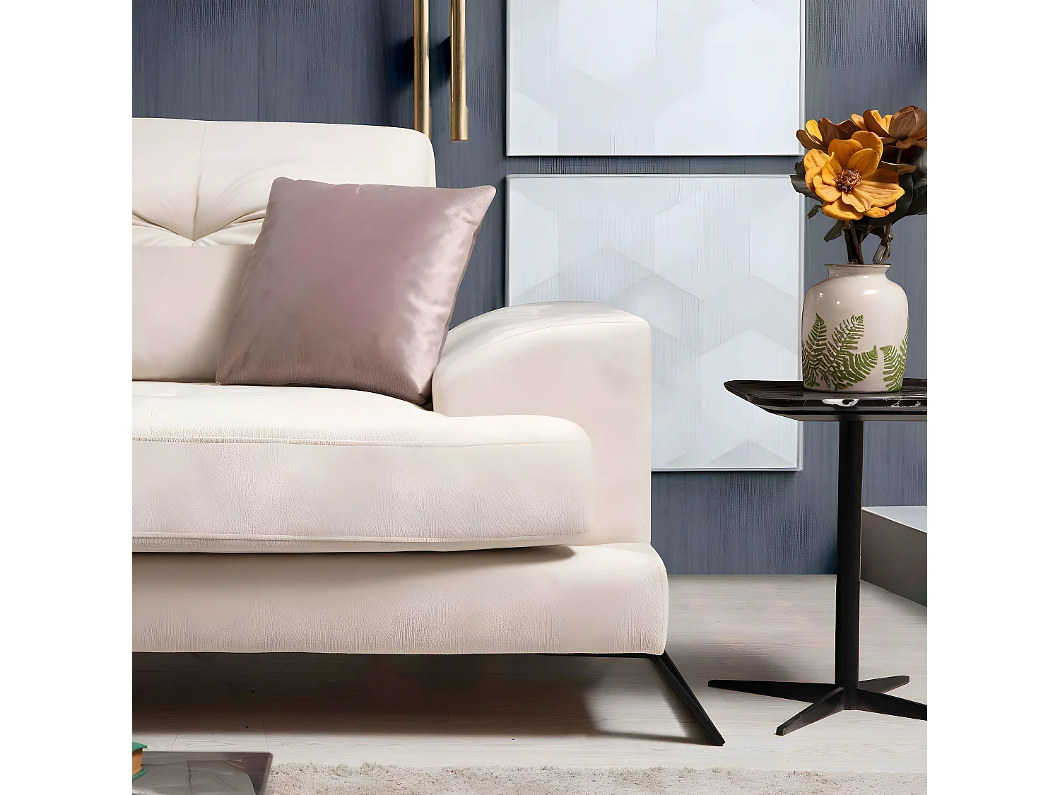 Canapé d'angle à droite avec 5 coussins Cyclades Velours texturé effet cuir Ecru