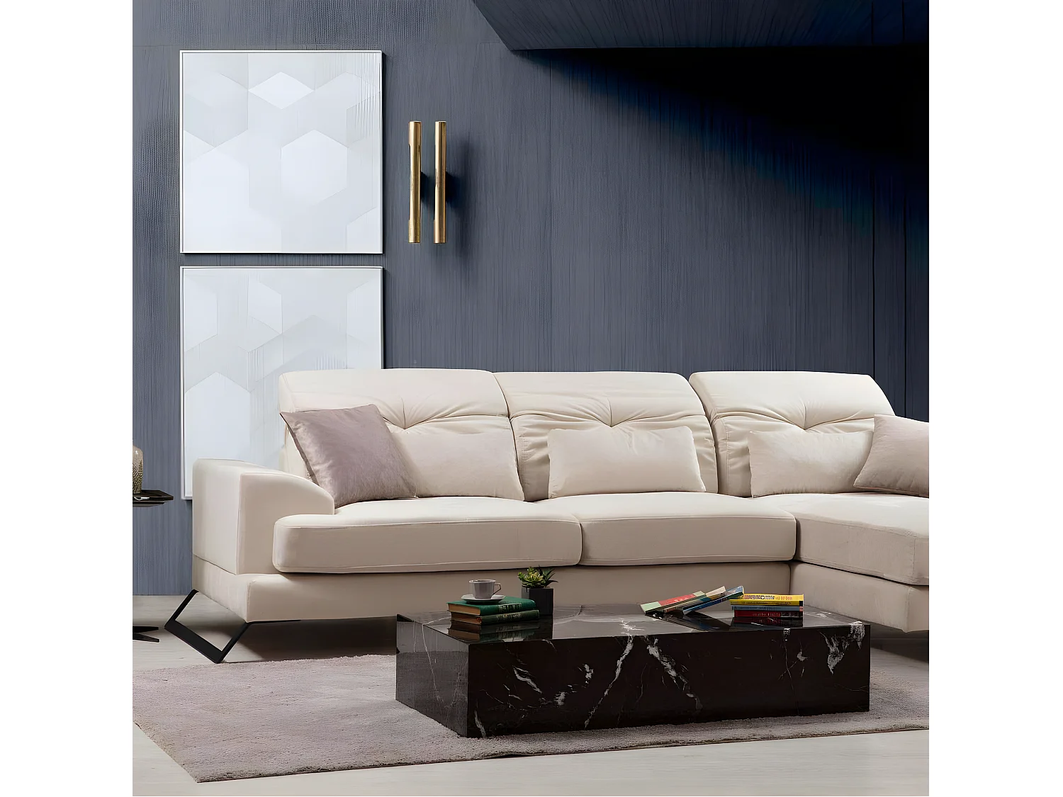 Canapé d'angle à droite avec 5 coussins Cyclades Velours texturé effet cuir Ecru