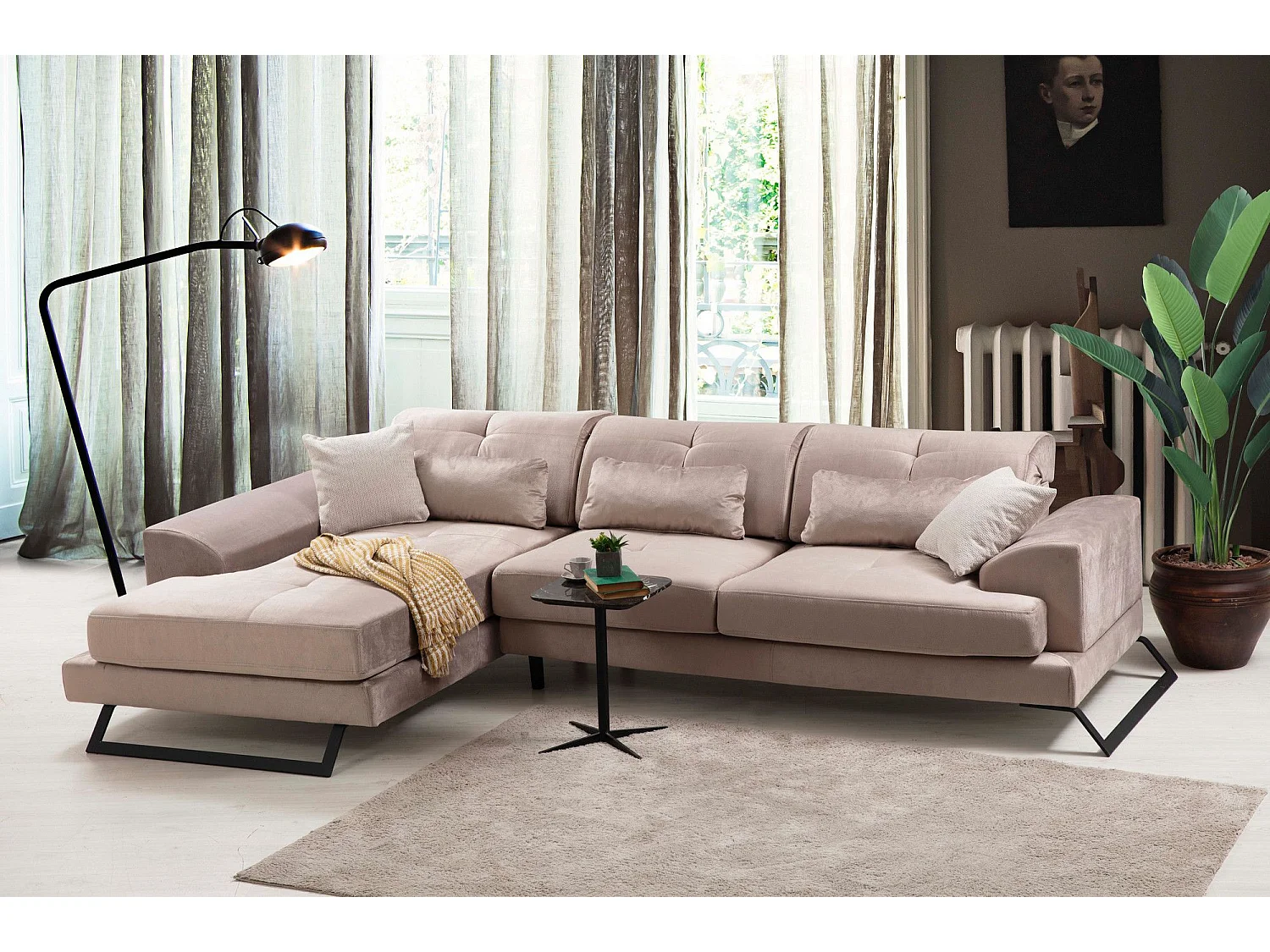 Canapé d'angle gauche avec 5 coussins Cyclades Velours texturé effet simili de vachette Beige