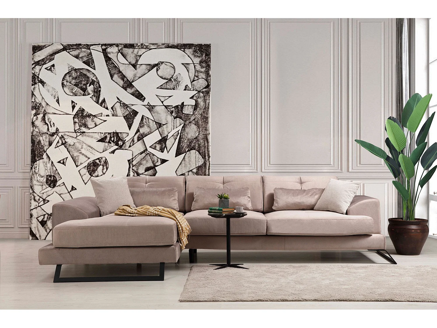 Canapé d'angle gauche avec 5 coussins Cyclades Velours texturé effet simili de vachette Beige