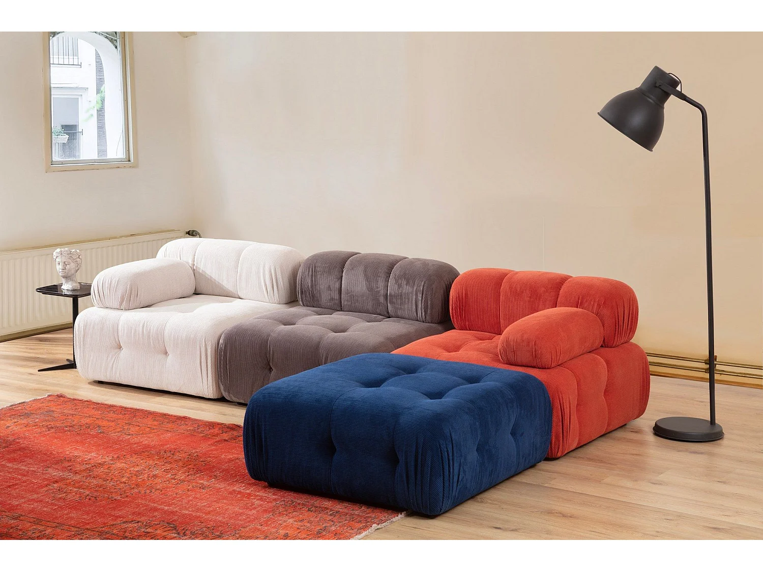 Canapé modulable 3 places avec pouf Nounou Velours côtelé Rouge, Gris et Blanc