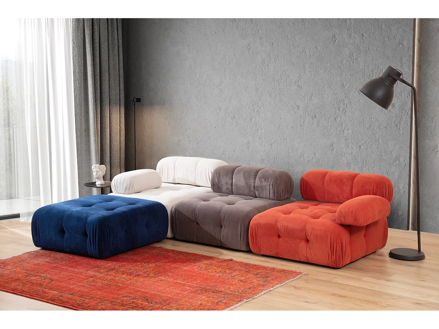 Canapé modulable 3 places avec pouf Nounou Velours côtelé Rouge, Gris et Blanc