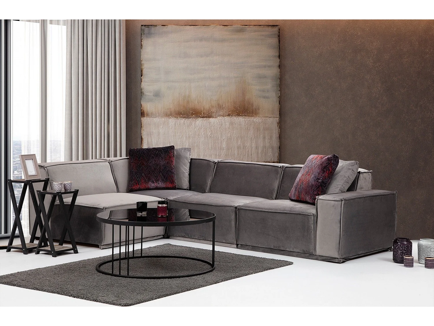 Kego grijze fluwelen modulaire hoekbank L 300 x D 190 cm-linkerhoek