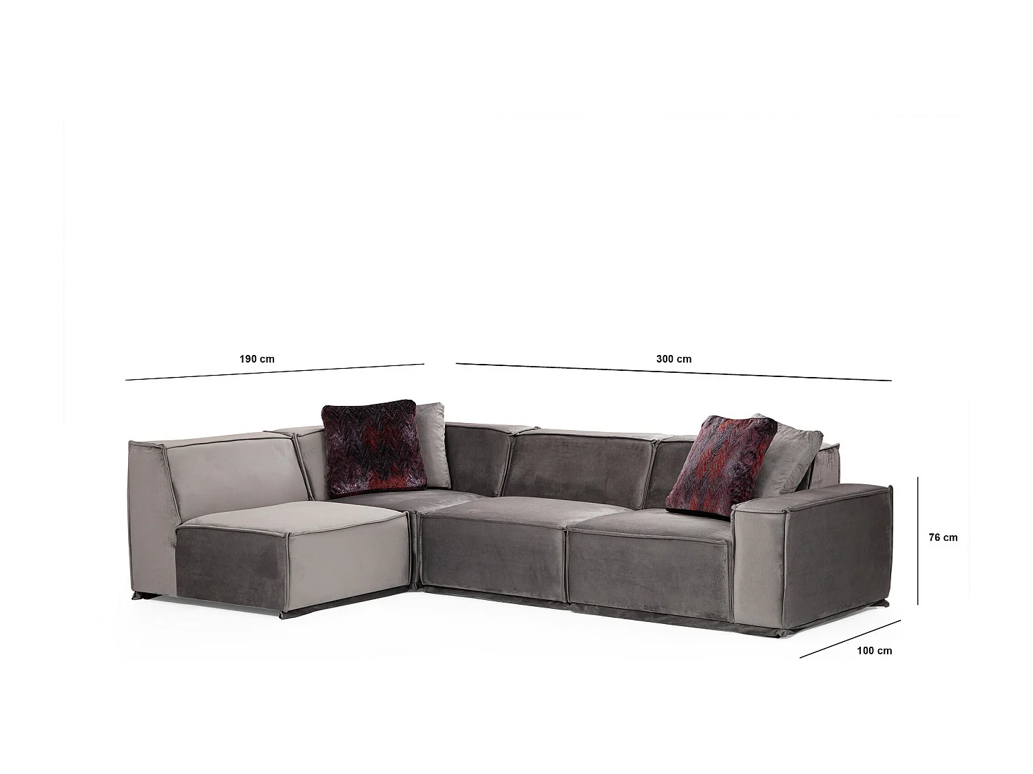 Kego grijze fluwelen modulaire hoekbank L 300 x D 190 cm-linkerhoek