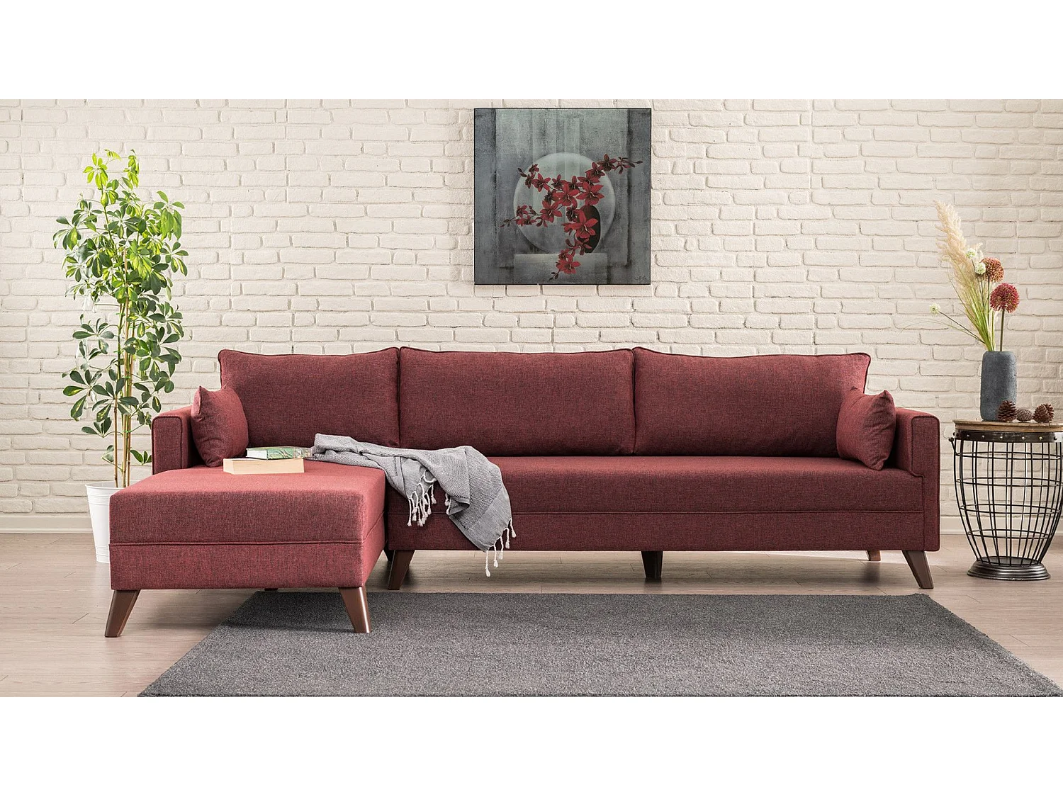 Canapé d'angle gauche Hermoso Tissu Bordeaux