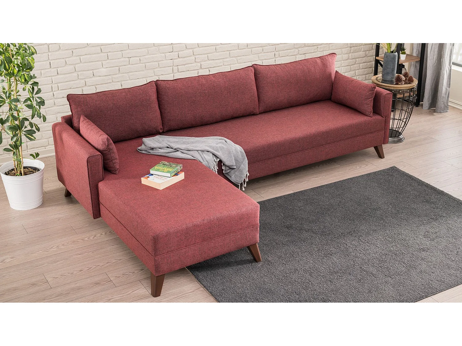 Canapé d'angle gauche Hermoso Tissu Bordeaux