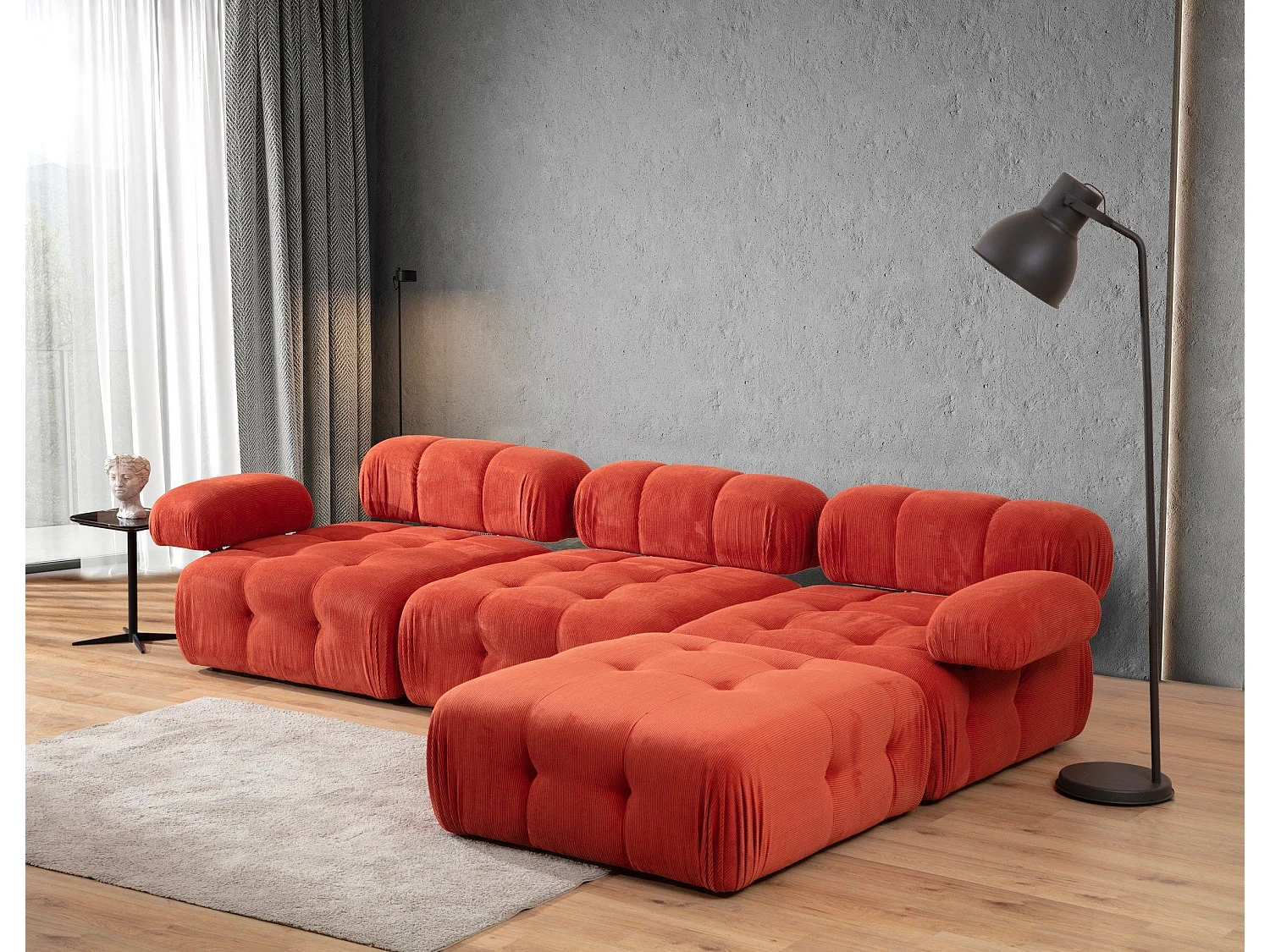 Canapé modulable 3 places avec pouf Nounou Velours côtelé Rouge