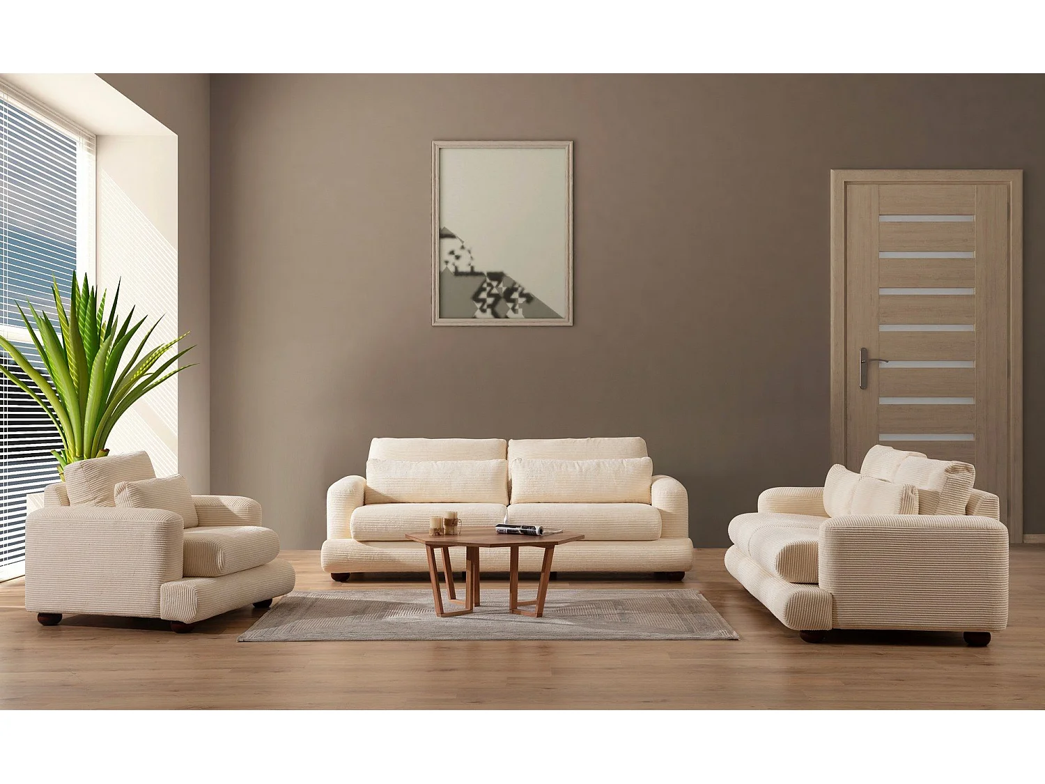 Canapé 3 places Jarek Velours côtelé Beige