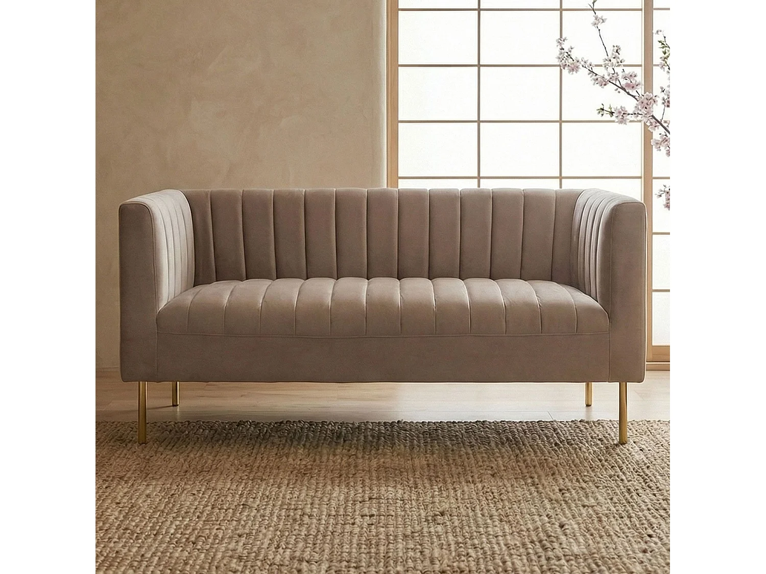 Canapé moderne 2 places à coutures verticales Sacramento Velours Taupe