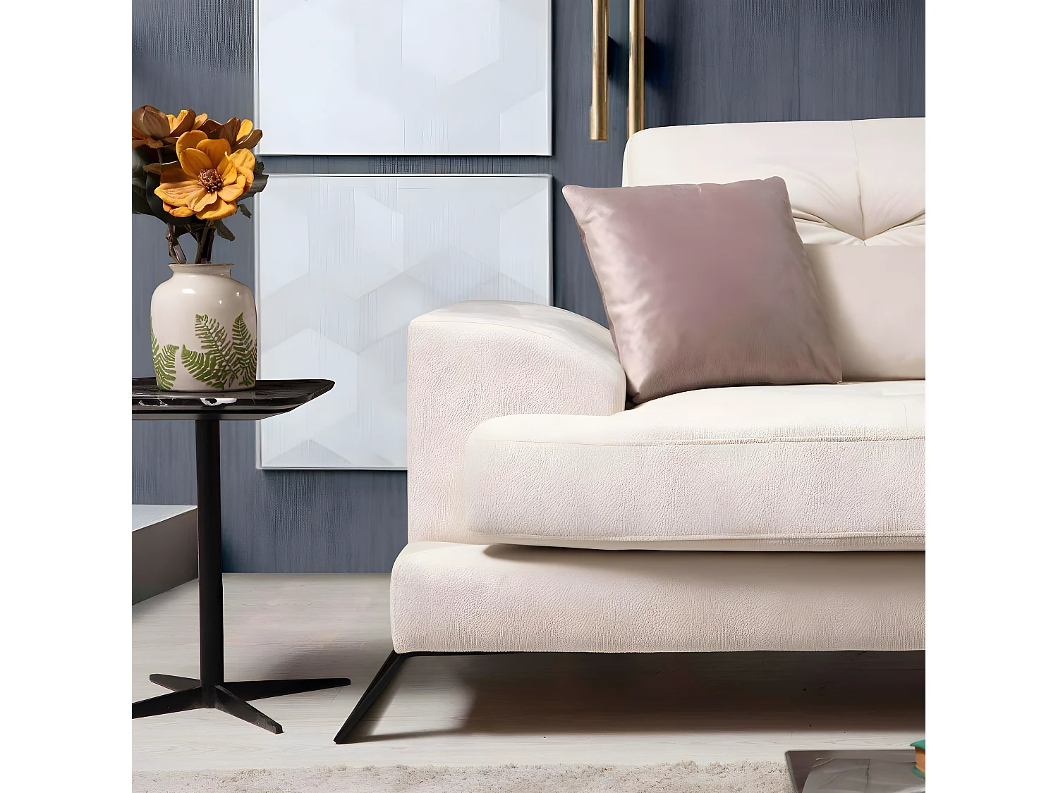 Canapé d'angle gauche avec 5 coussins Cyclades Velours texturé effet simili de vachette Ecru