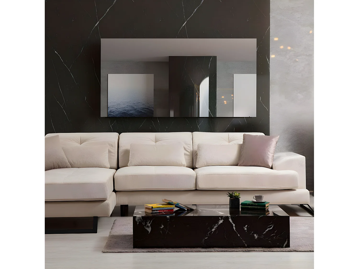 Canapé d'angle gauche avec 5 coussins Cyclades Velours texturé effet simili de vachette Ecru