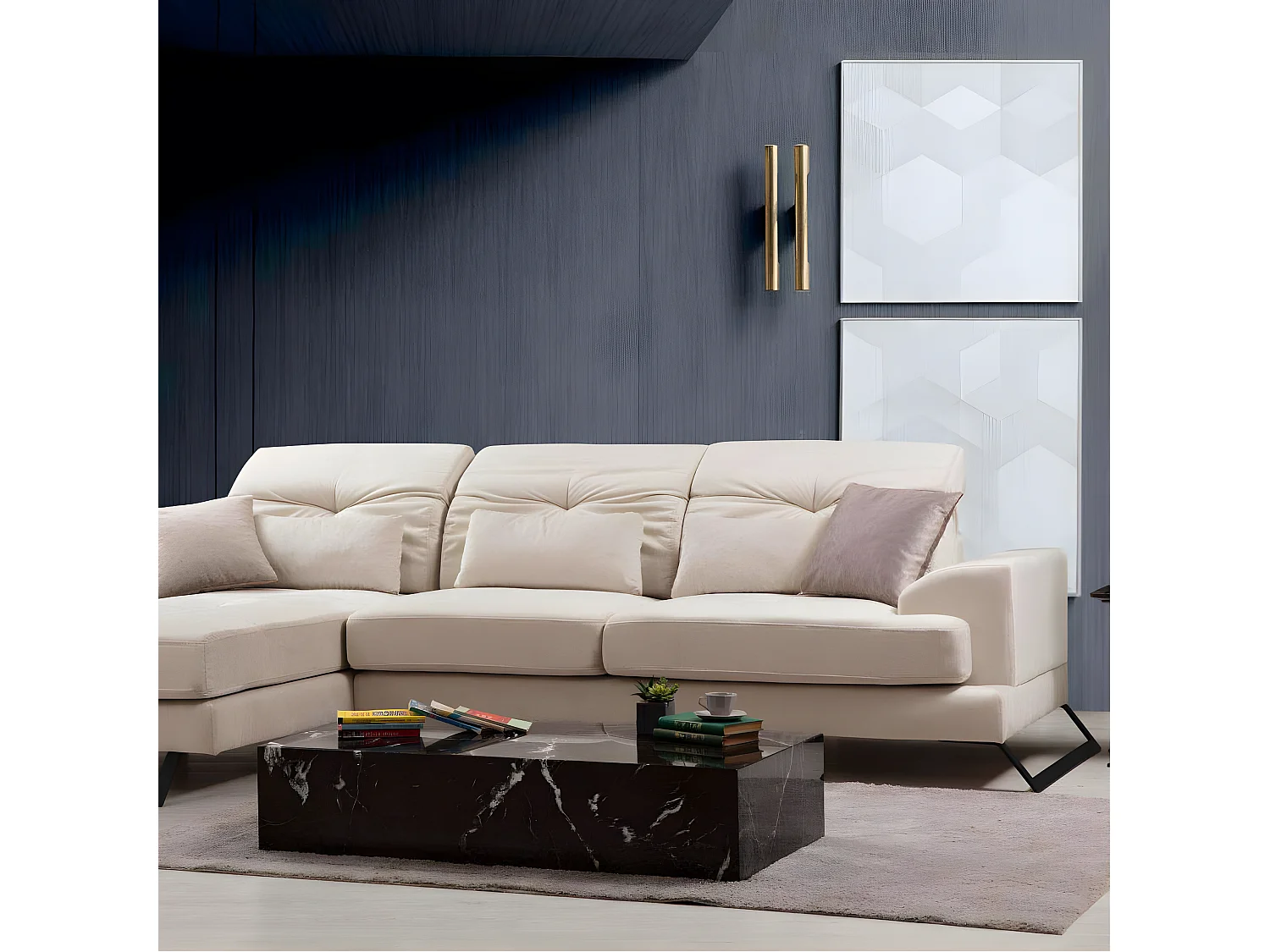 Canapé d'angle gauche avec 5 coussins Cyclades Velours texturé effet simili de vachette Ecru