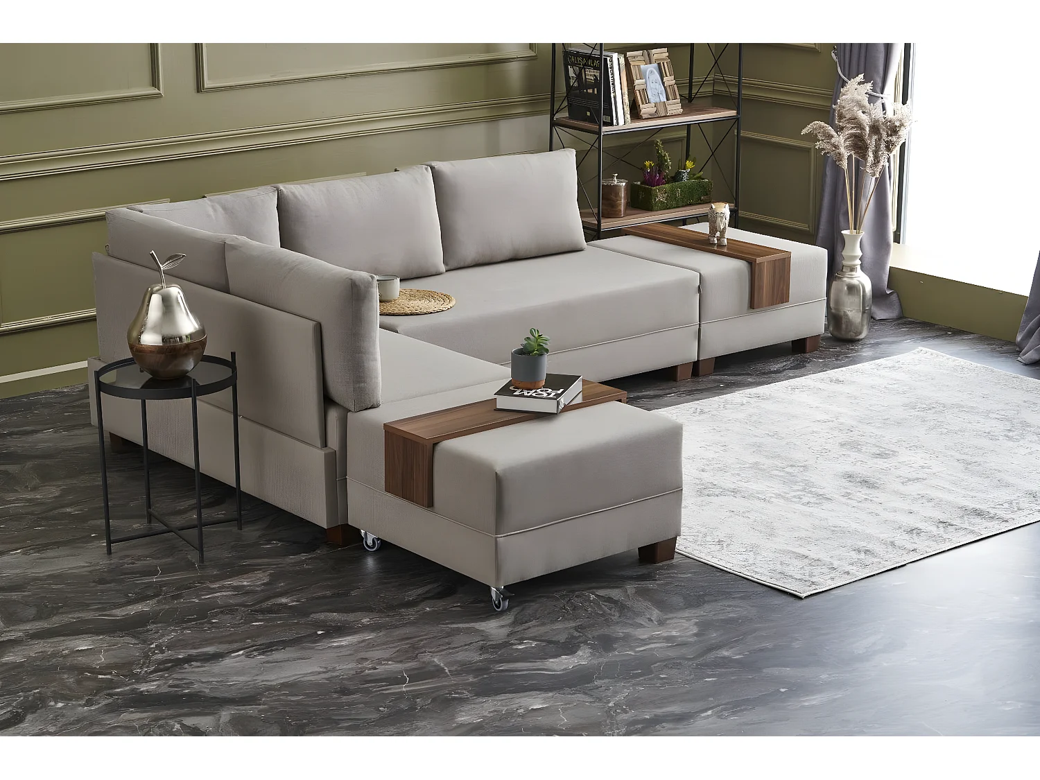 Canapé d'angle à gauche modulable Gialos Tissu Blanc crème