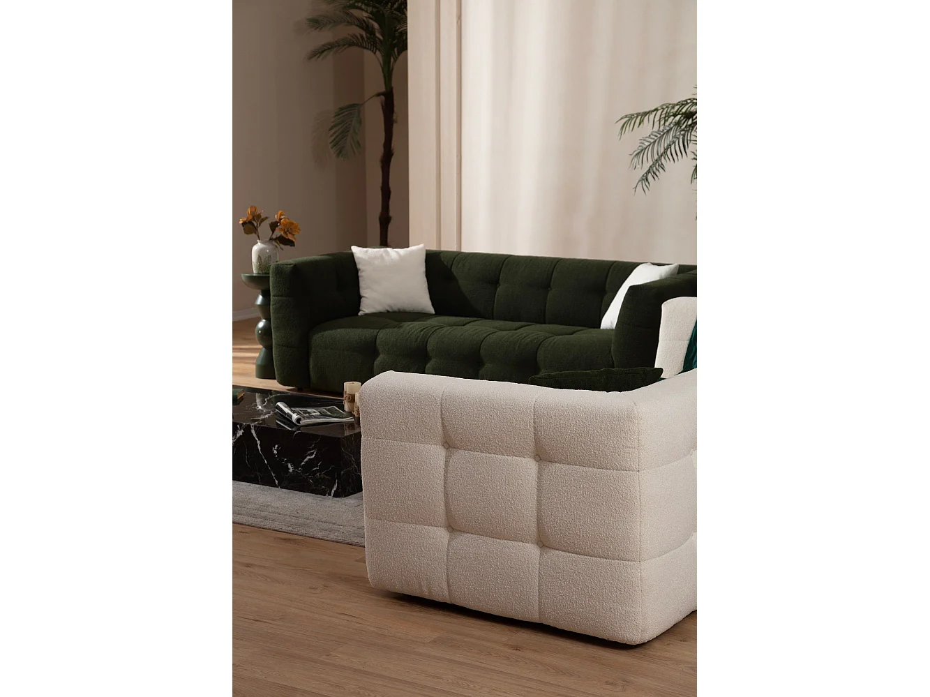 Canapé capitonné 3 places Simur Tissu bouclette Beige