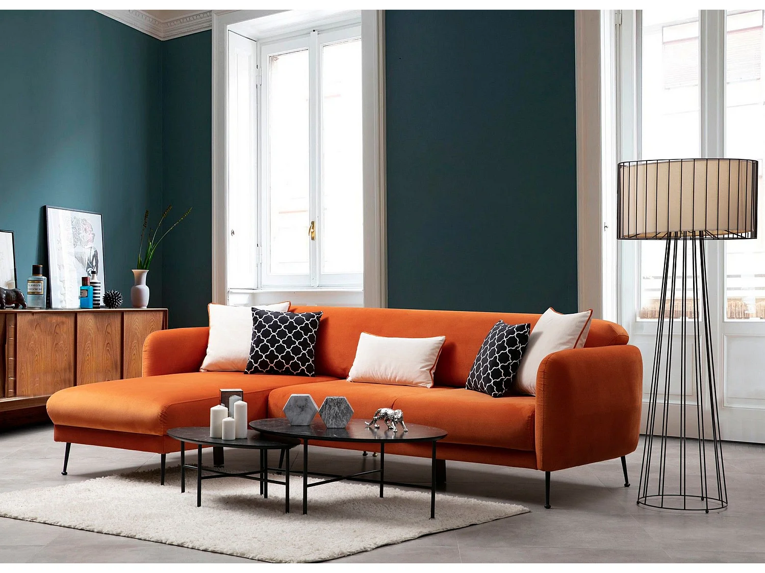 Canapé d'angle à gauche avec 3 coussins Vesna Tissu Orange