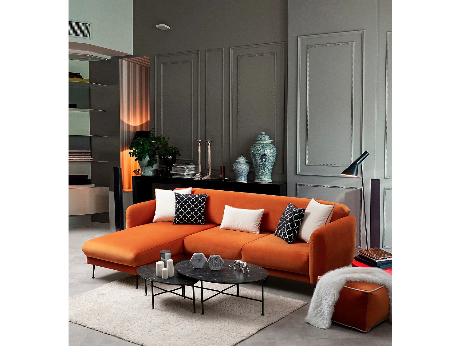 Canapé d'angle à gauche avec 3 coussins Vesna Tissu Orange