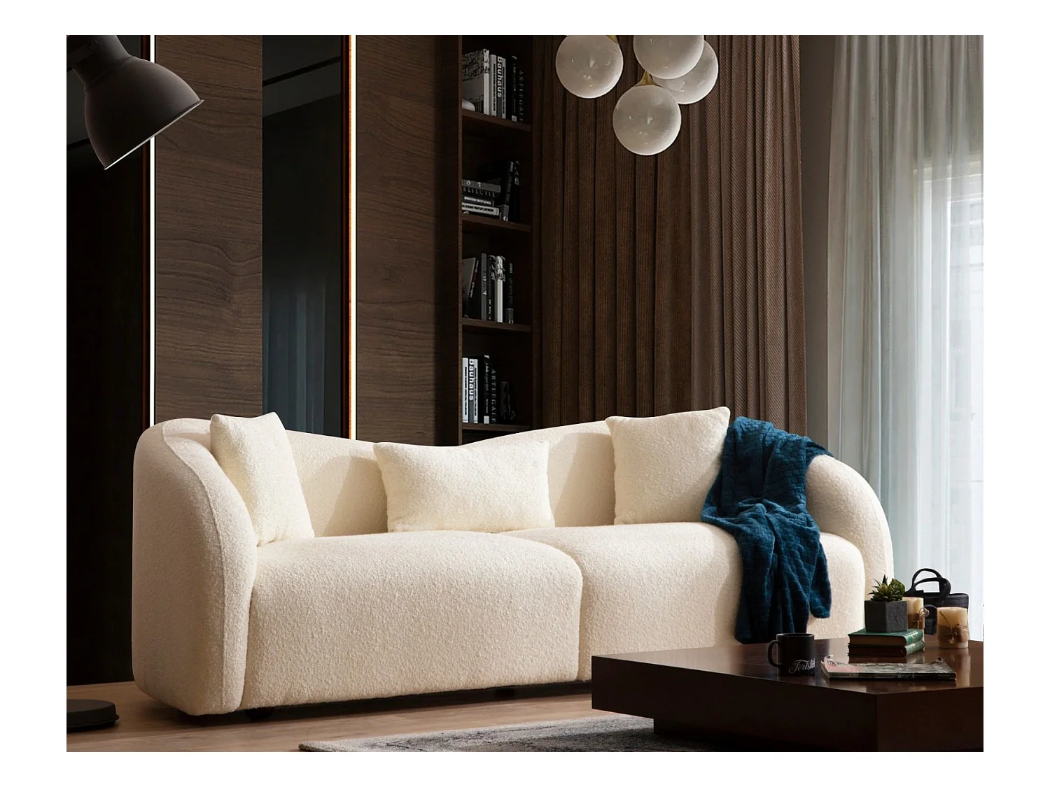 Canapé 3 places avec 2 coussins Helfert Tissu bouclé Blanc crème