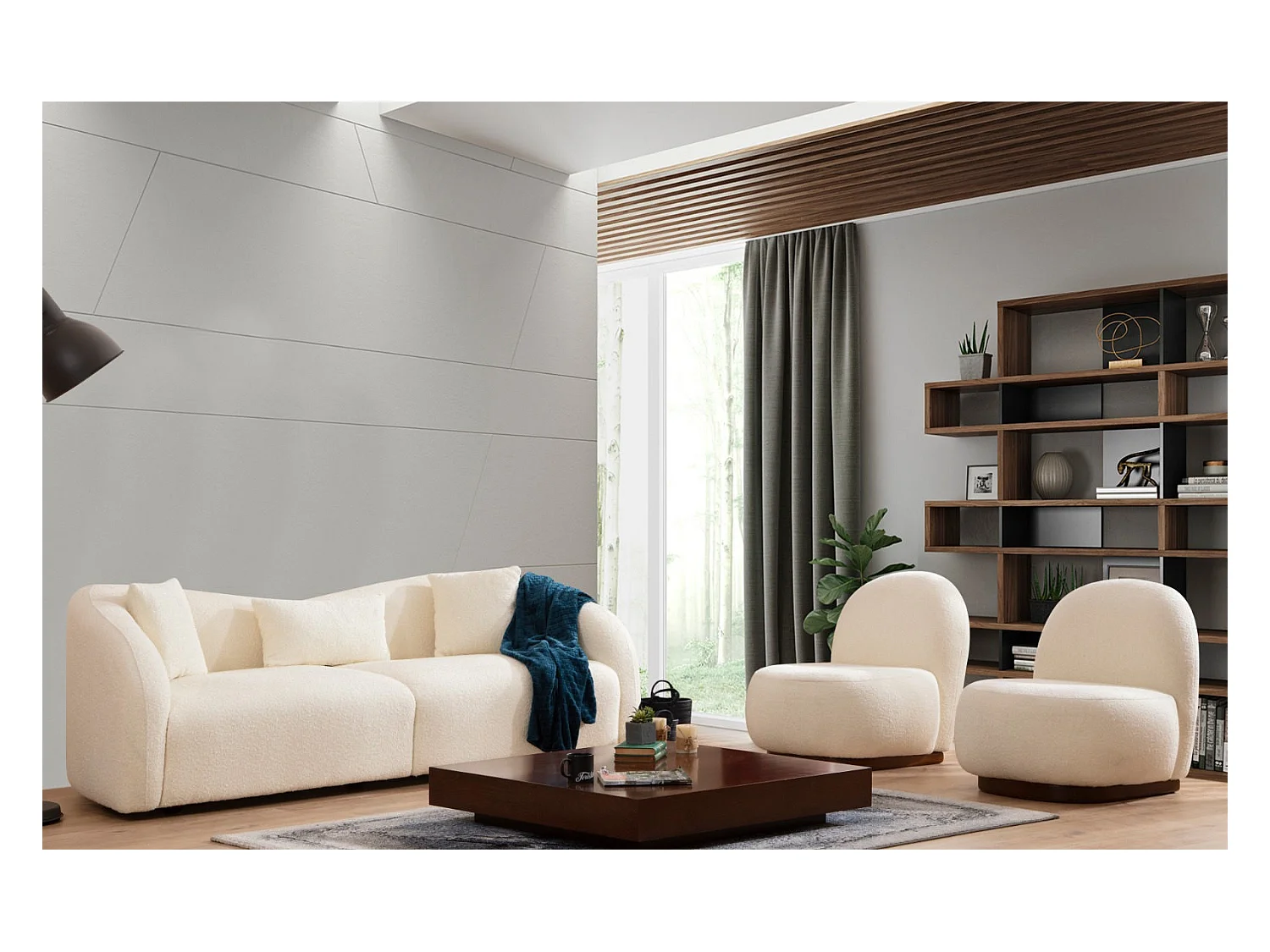 Canapé 3 places avec 2 coussins Helfert Tissu bouclé Blanc crème