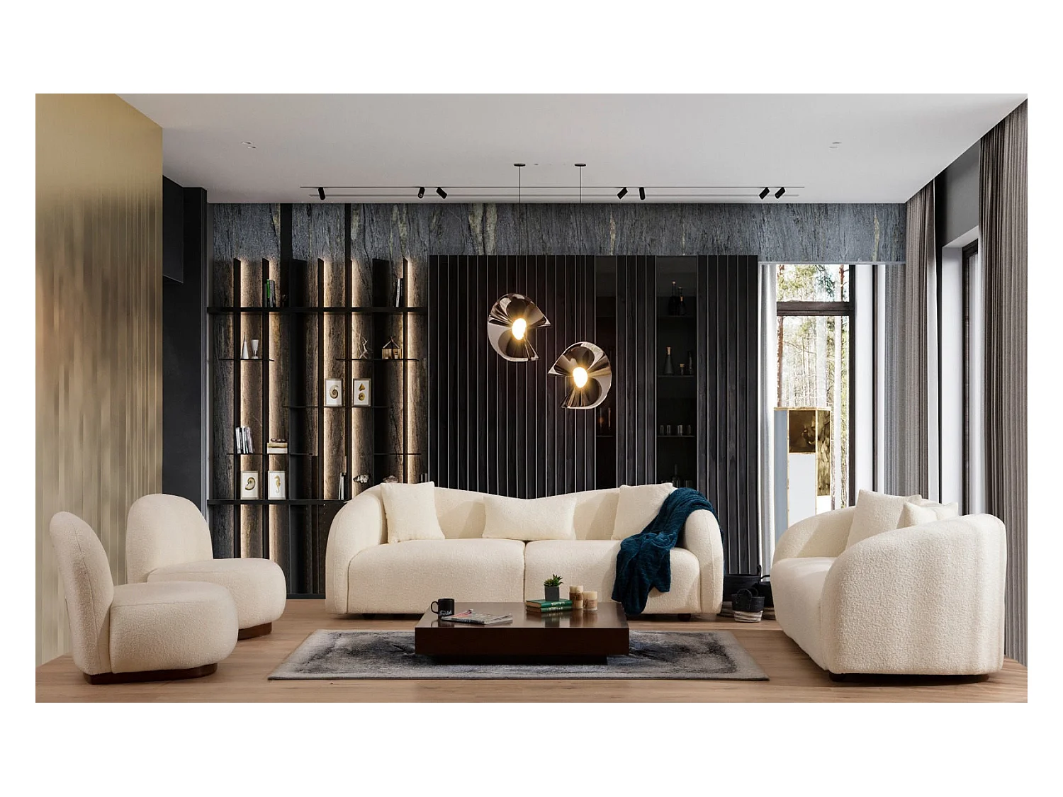 Canapé 3 places avec 2 coussins Helfert Tissu bouclé Blanc crème