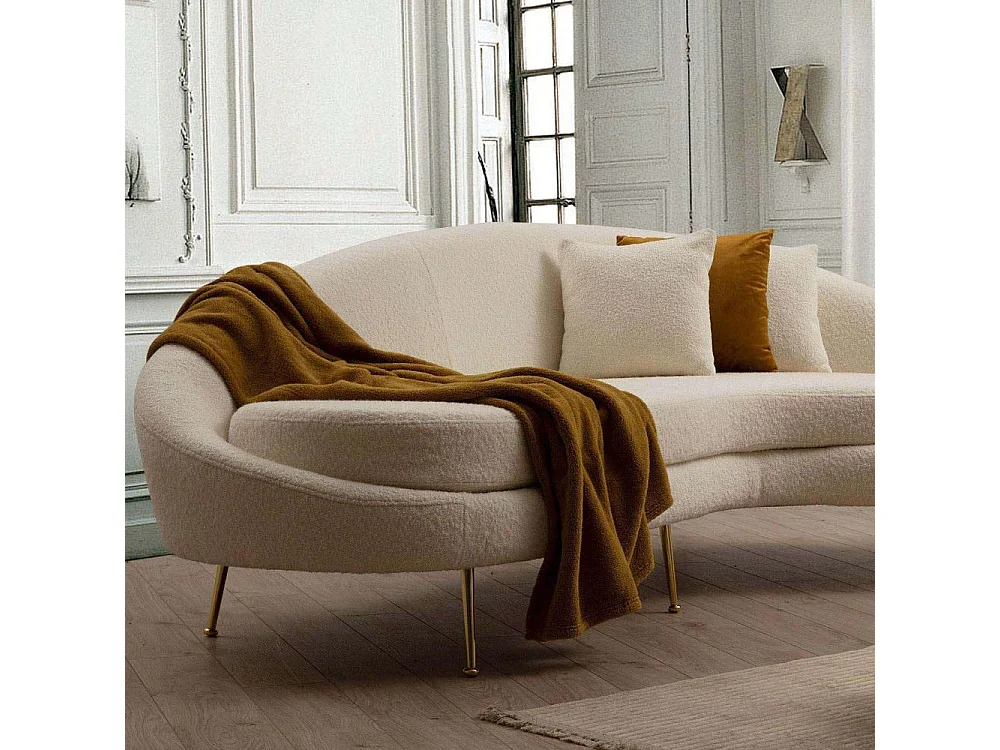 Canapé d'angle à droite avec 2 coussins Santorin Tissu bouclé Blanc crème