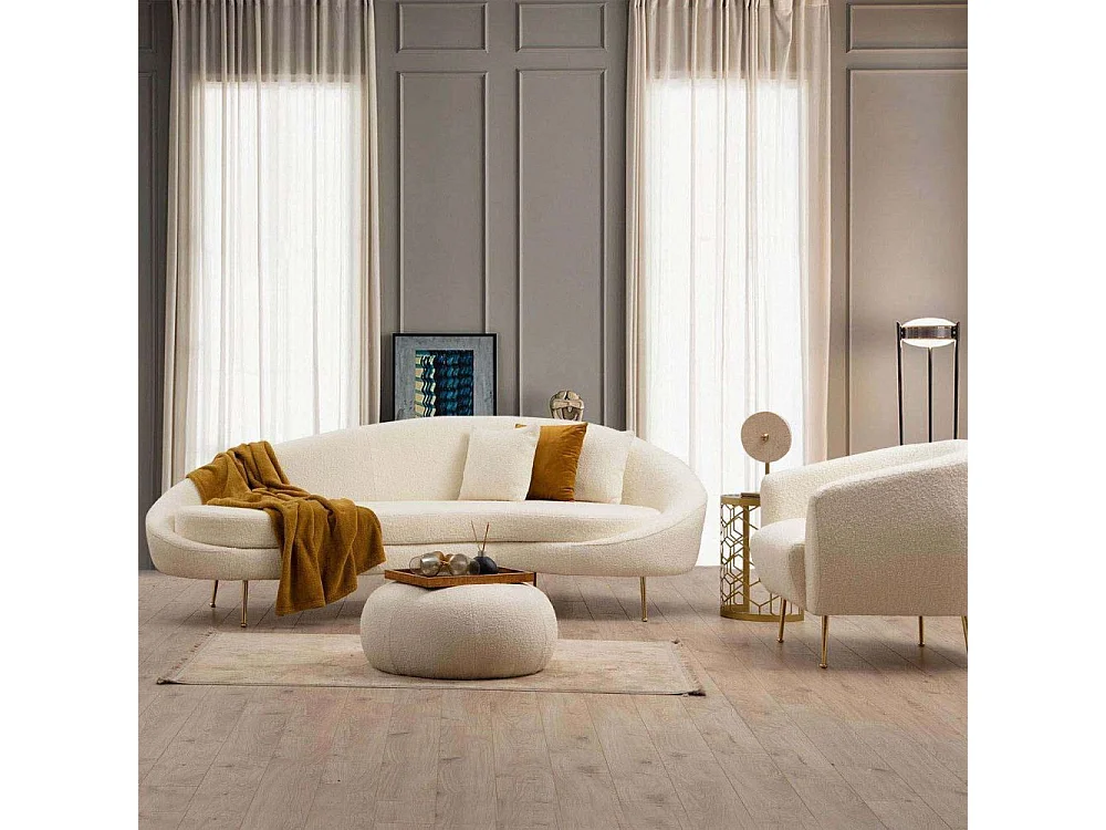 Canapé d'angle à droite avec 2 coussins Santorin Tissu bouclé Blanc crème