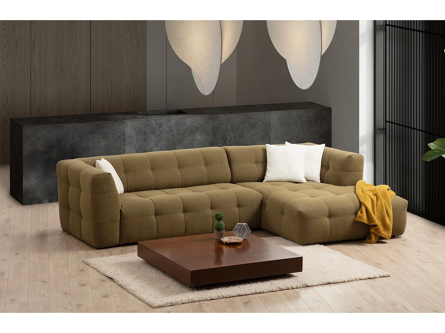 Canapé d'angle à droite Simur Tissu bouclette Kaki