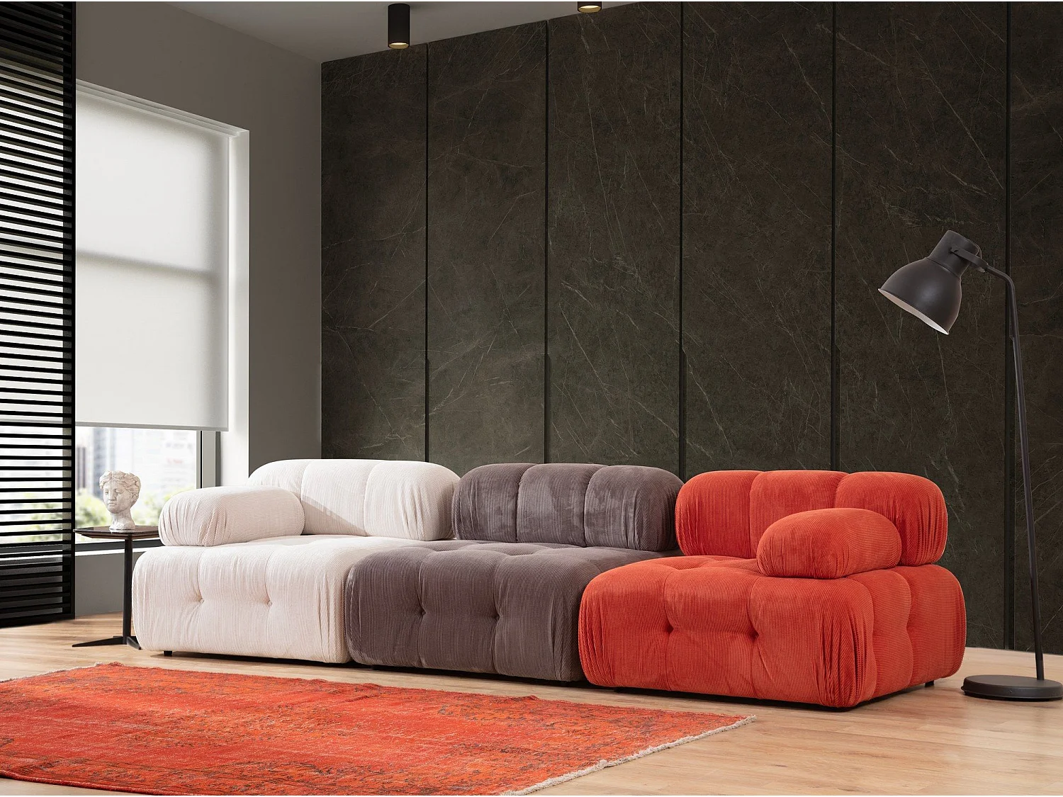 Canapé modulable 3 places Nounou Velours côtelé Rouge, Gris et Blanc